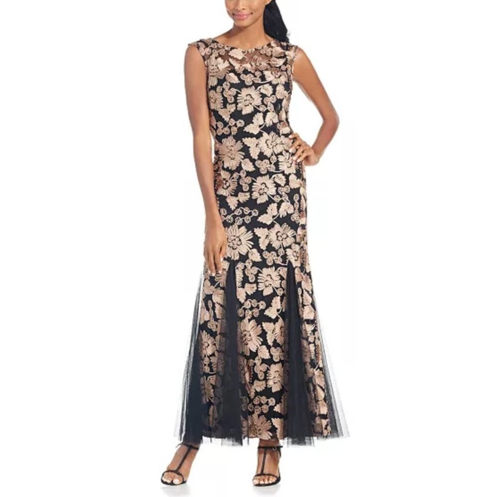 Alex Evenings Maci Gown Women's 12 Tan Black Floral Soutache Fit & Flare Formal